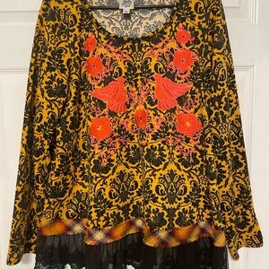 Ivy Jane Yellow and Black Floral Blouse with Red Embroidery